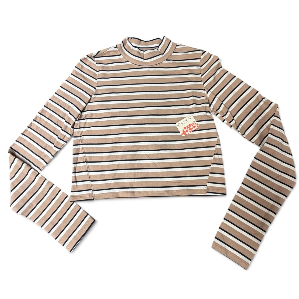 FP Movement Up in the Air Printed Top M Tan Brown Striped Mock Neck Cotton Crop